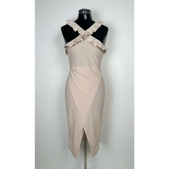 BooHoo Frill Edge Wrap Midi Dress in Stone NWT Sz 6 - Picture 1 of 5